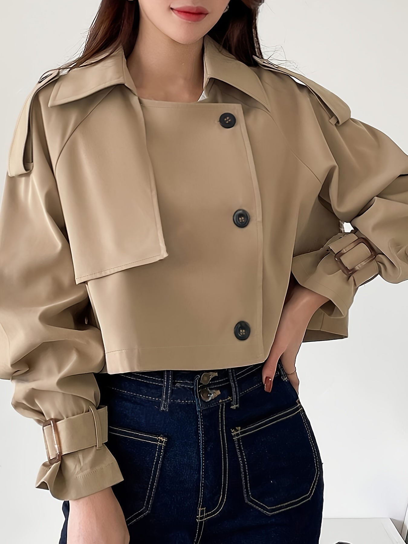 Cotella | Damen Kurzer Doppelknopf-Trenchcoat mit Gürtelärmeln – Casual Passform