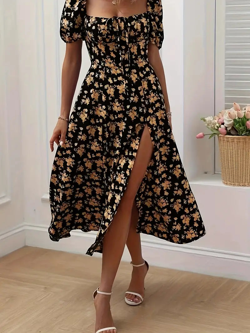 Karin | Schulterfreies Blumenkleid mit hohem Schlitz