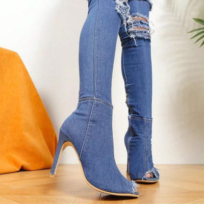 Alexandra - Schicke Jeans-Stiefel mit Absatz und Spitzendetail