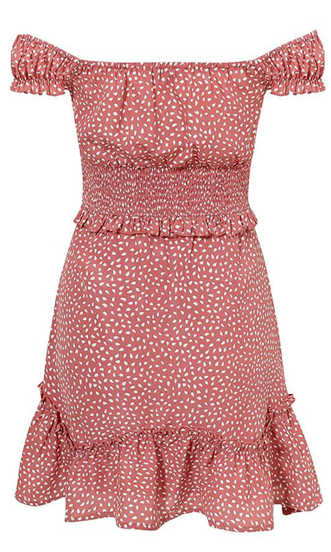 Dotty | Schulterfreies Minikleid mit Punktemuster und Rüschen