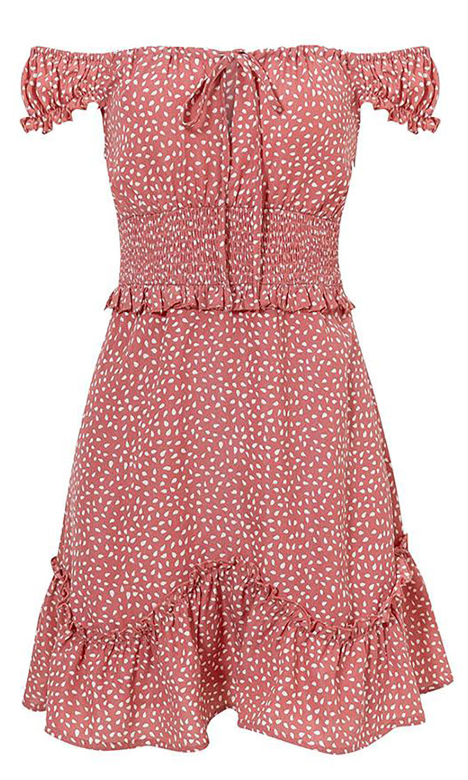 Dotty | Schulterfreies Minikleid mit Punktemuster und Rüschen