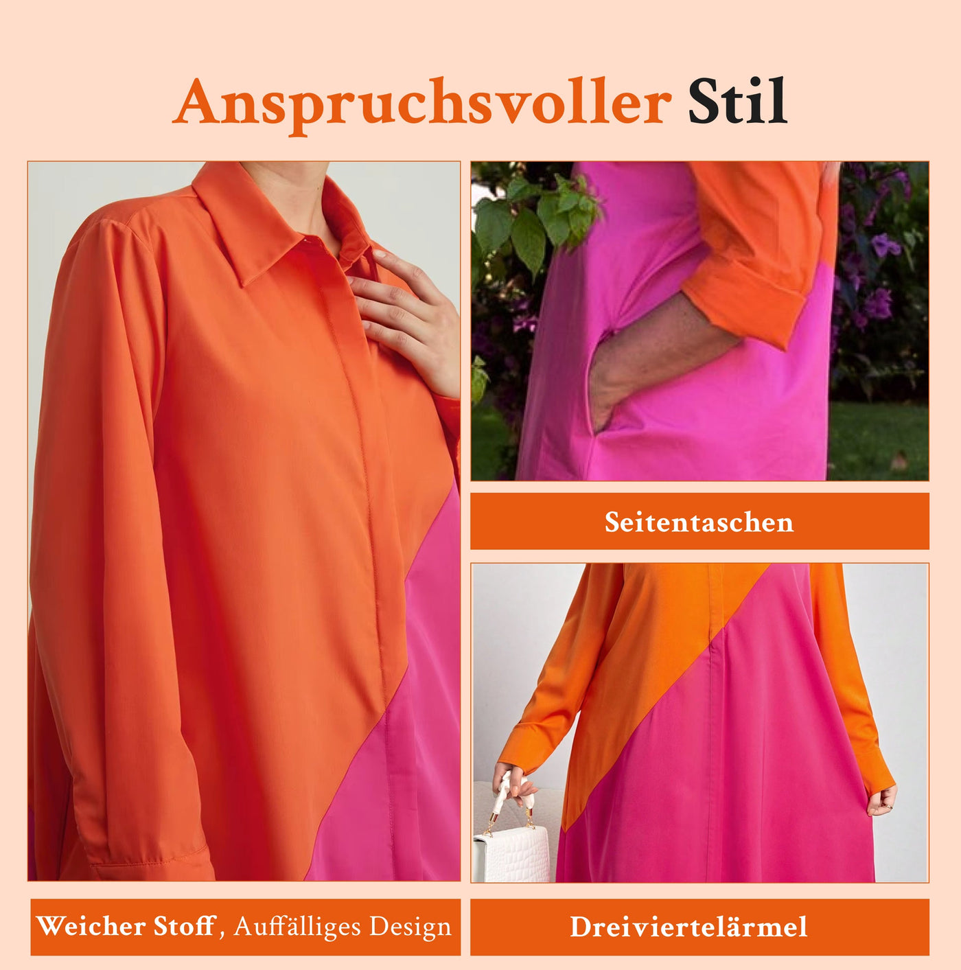 Modernes Hemdblusenkleid mit Umlegekragen & Dreiviertelärmel