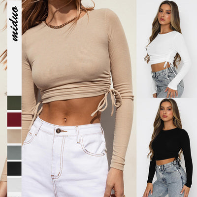 Avalynn | Kordelzug Rundhalsausschnitt Langärmeliges Cropped-T-Shirt Thread Top