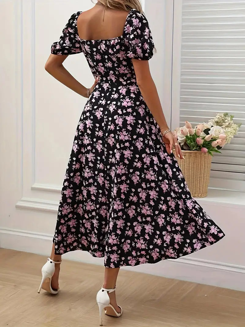 Karin | Schulterfreies Blumenkleid mit hohem Schlitz