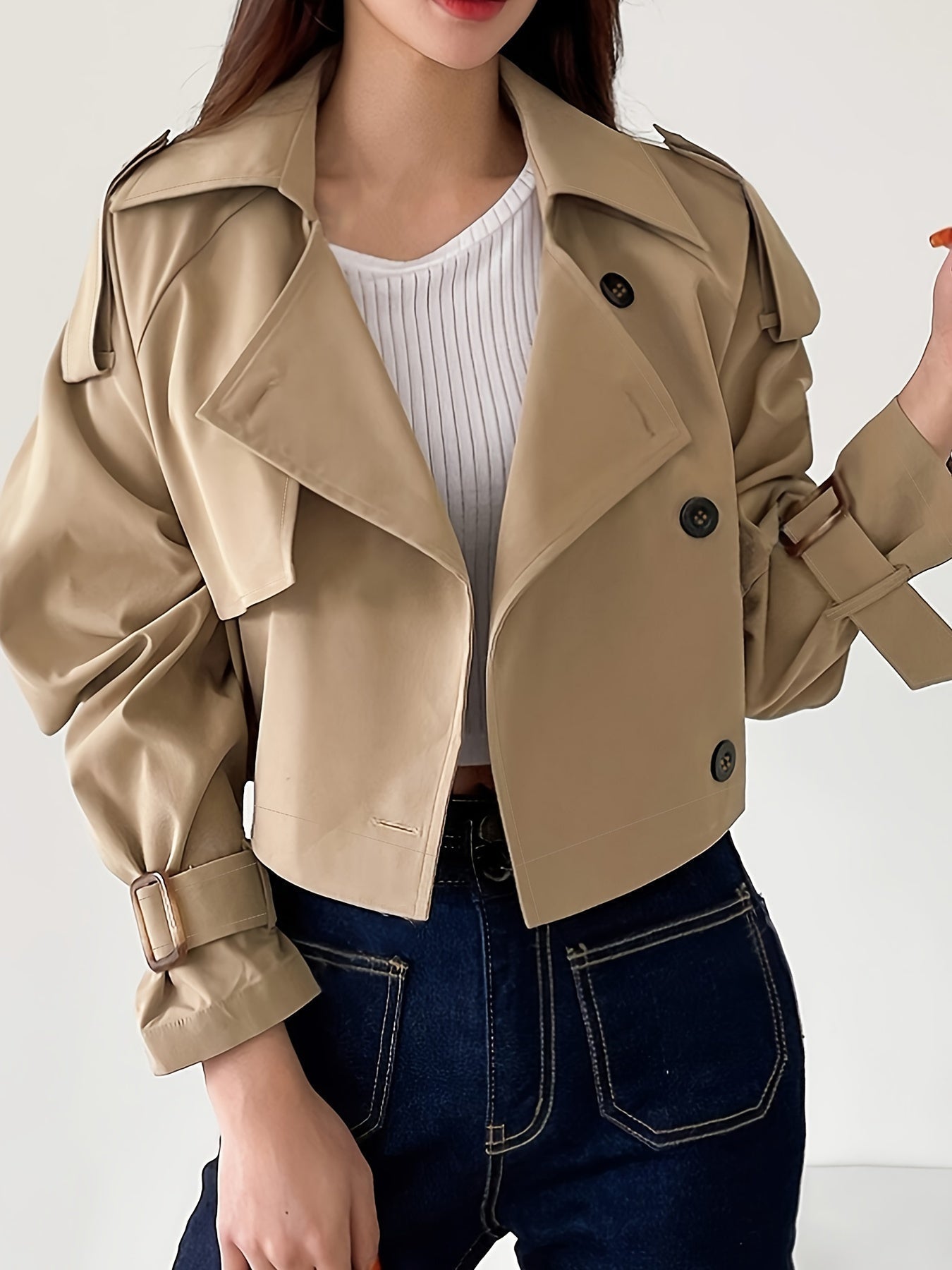 Cotella | Damen Kurzer Doppelknopf-Trenchcoat mit Gürtelärmeln – Casual Passform