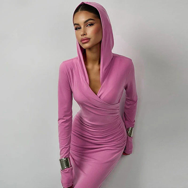 Avina | Sexy Bodycon Maxikleid Damen mit Kapuze und V-Ausschnitt