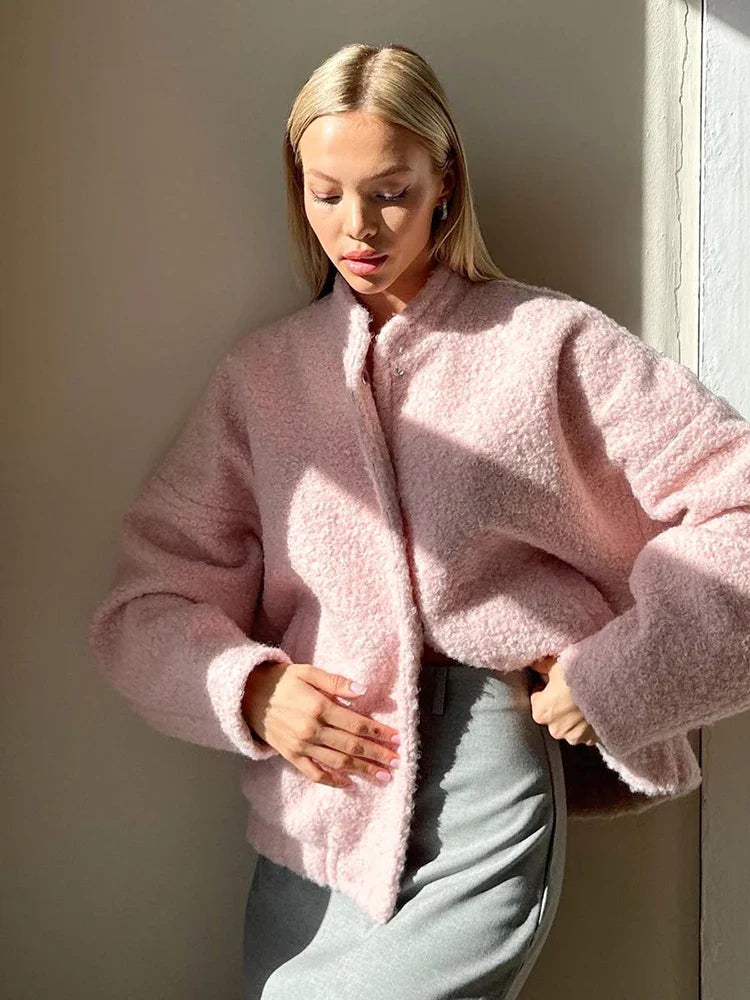 Trena | Lässige Rosa Pelzjacke mit Stehkragen für Damen