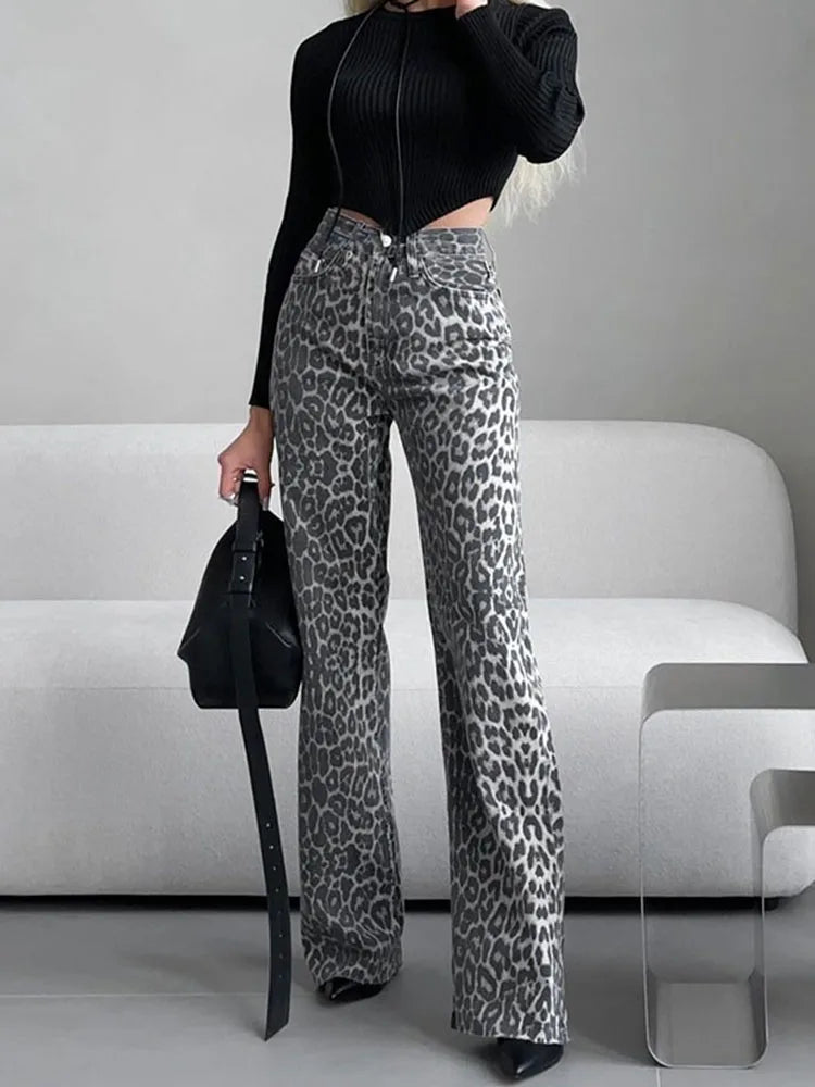 Kila | Modische Leopard-Print Jeans in Grau