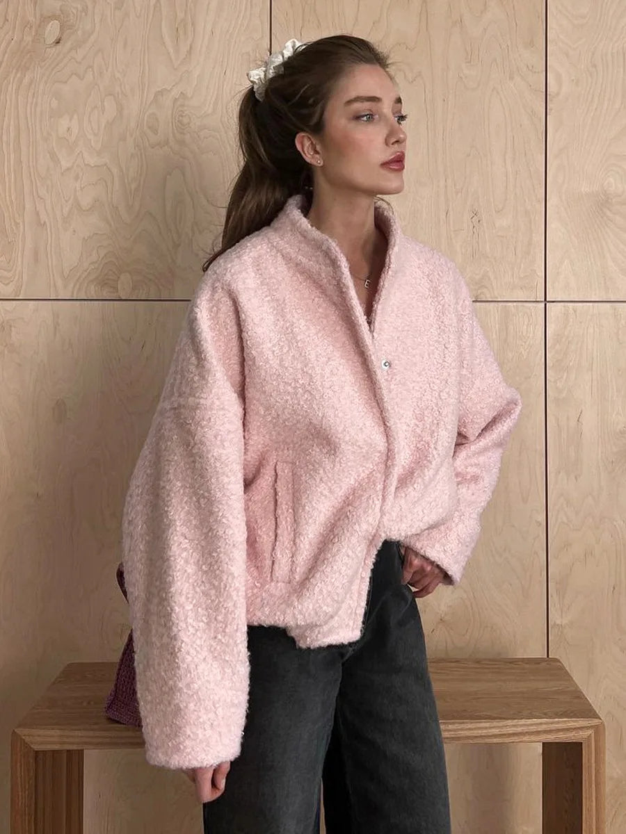 Arvid | Lässige Rosa Pelzjacke mit Stehkragen für Damen