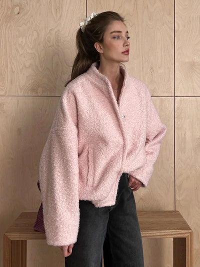 Trena | Lässige Rosa Pelzjacke mit Stehkragen für Damen