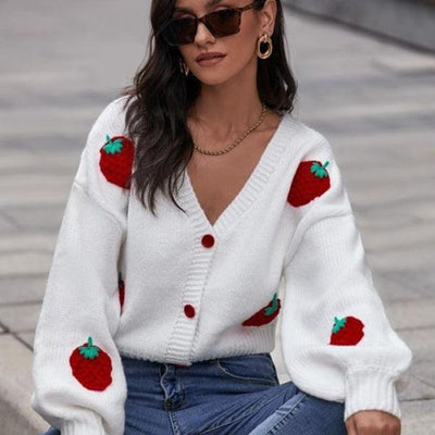 Aleron | Strickpullover mit gestickten Erdbeeren und Puffärmeln