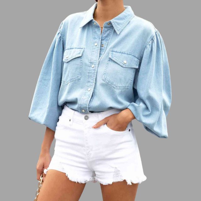 Celin | Denim Blouse mit Relaxter Passform und Oversized Taschen