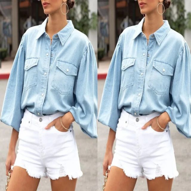 Celin | Denim Blouse mit Relaxter Passform und Oversized Taschen