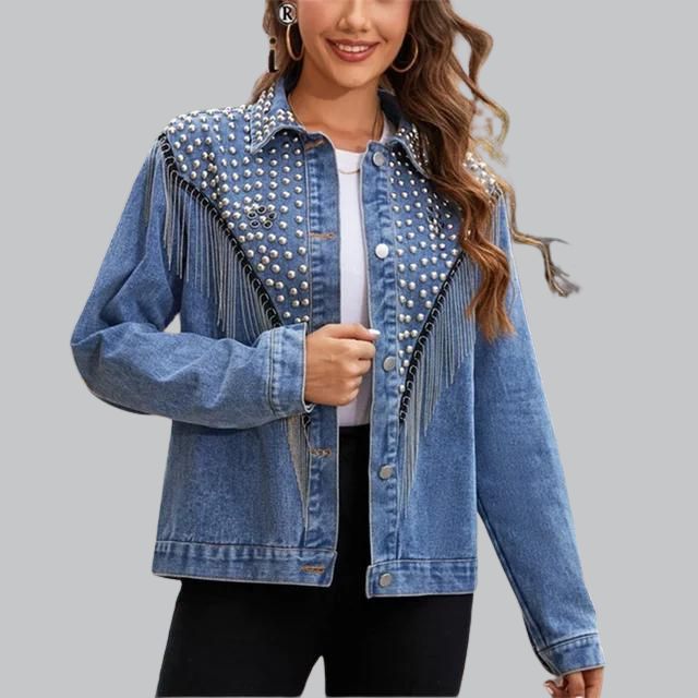 Arisse | Denim Jacke mit Perlen- und Quastenakzenten