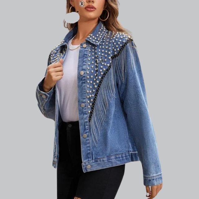 Arisse | Denim Jacke mit Perlen- und Quastenakzenten