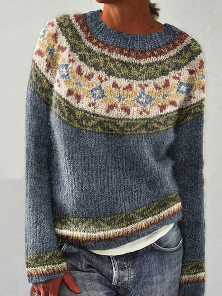 Lia® | Vintage Tribal-Strickpullover mit Blumenmuster