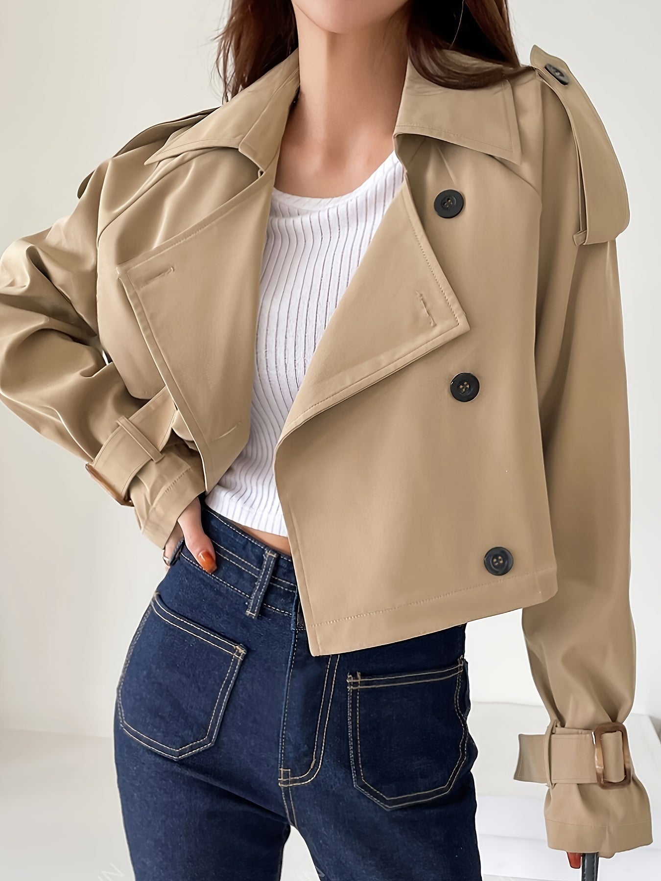 Cotella | Damen Kurzer Doppelknopf-Trenchcoat mit Gürtelärmeln – Casual Passform