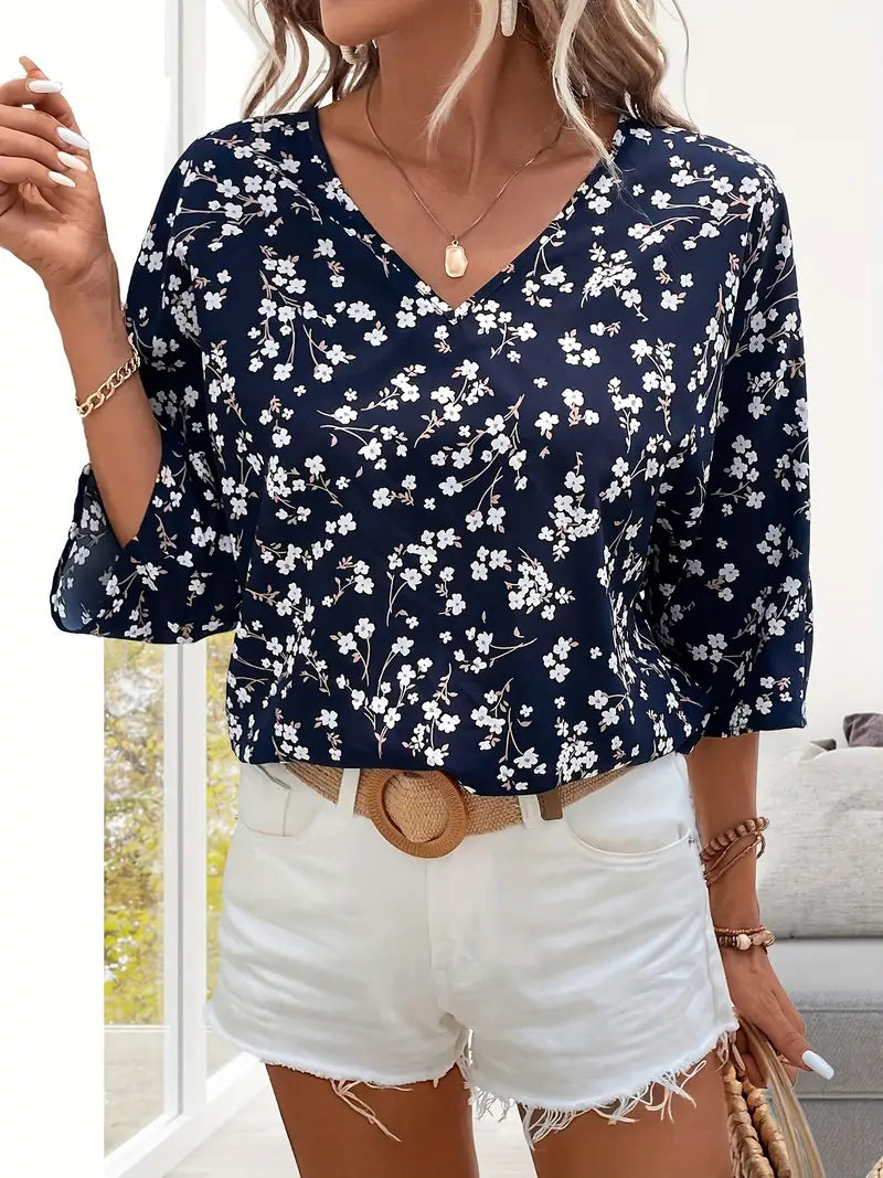 Billa - Vintage Blüten Blumendruck V-Ausschnitt Bluse