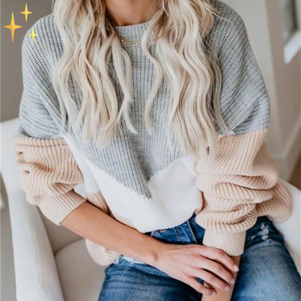 Sarah Stylischer Übergroßer Strickpullover in Grau mit Beige für die kalten Wintermonate