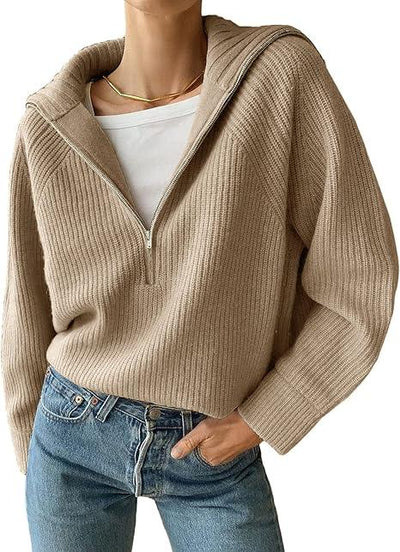 Alyssia | Damen Strickpullover mit V-Ausschnitt und Reißverschluss