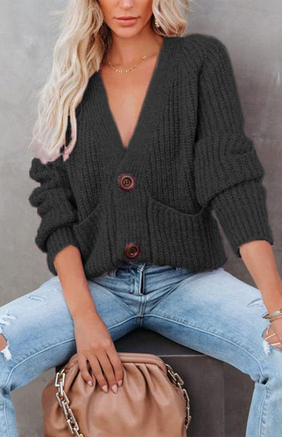 Annebelle | Damen Strickpullover mit V-Ausschnitt und Knopfleiste